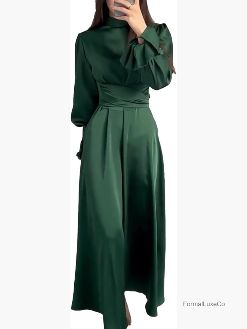 Mock Neck Maxi Dress Long Lantern Sleeve Puff Shoulder Tie Waist Pleated